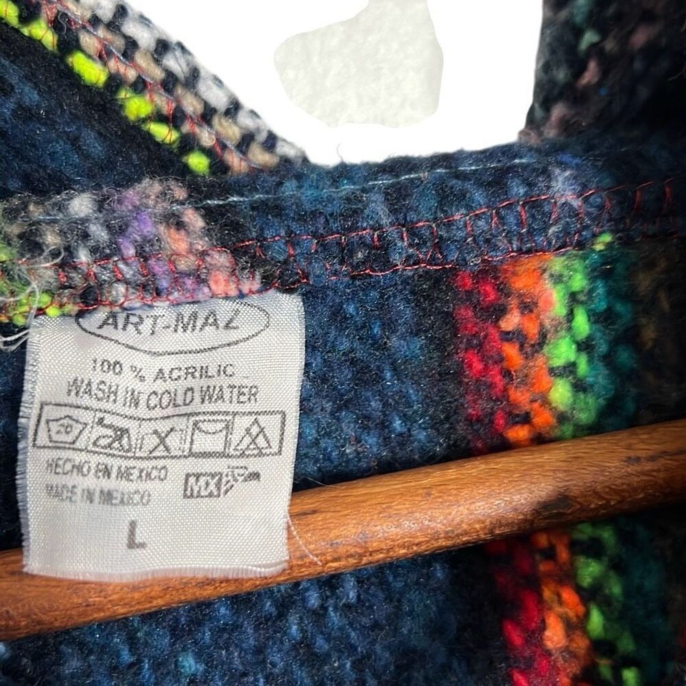Art Maz Knit Baja Hoodie Mexican Pullover Poncho Sweater Black Yellow Size Large - Picture 6 of 7